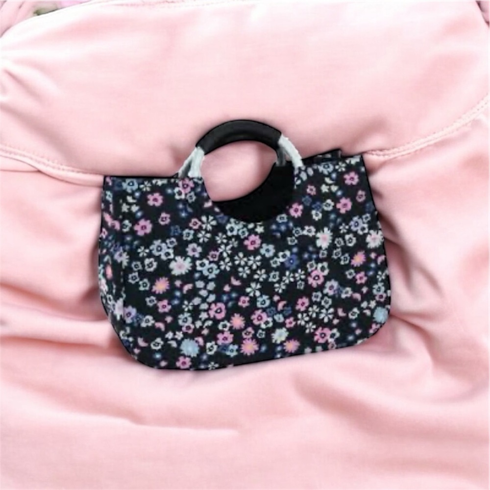 Black Floral Nylon Tote Bag Large Padded Handles